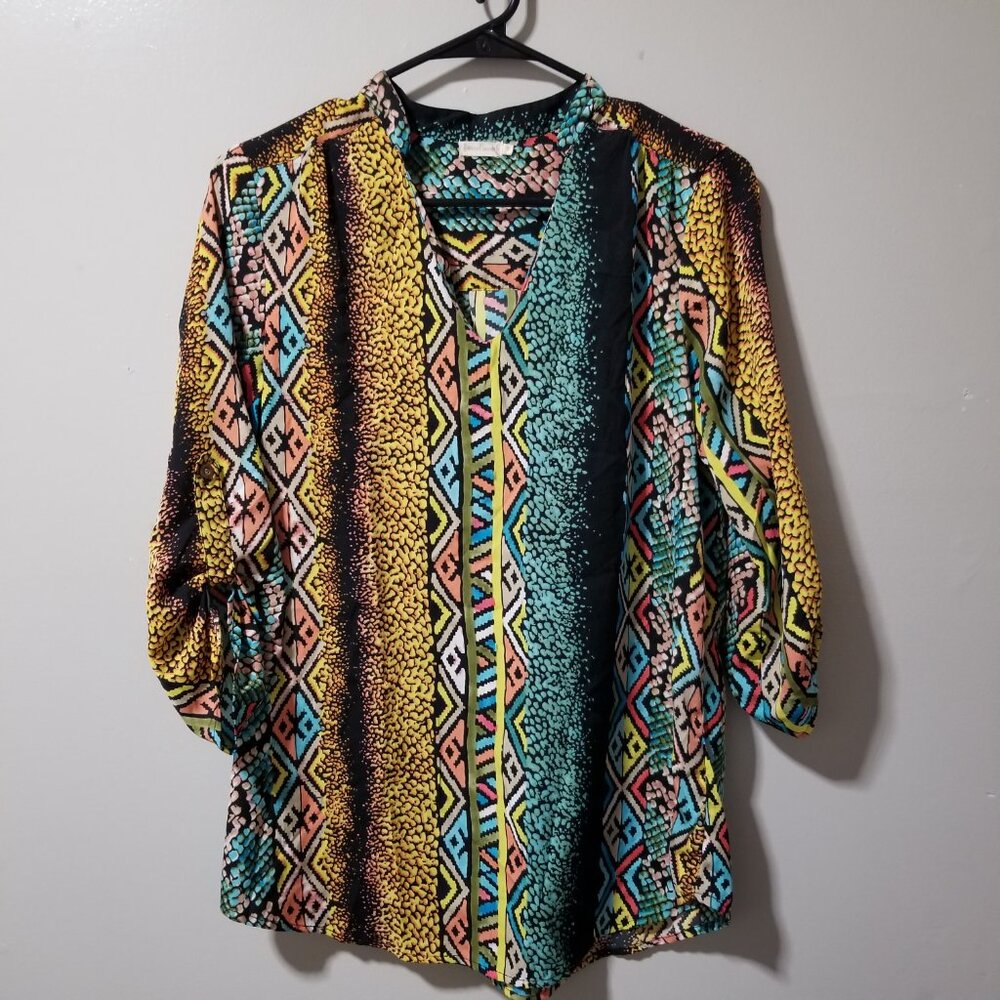 Tea Rose Women's Blouse Medium Boho Roll Tab 3/4 Sleeves